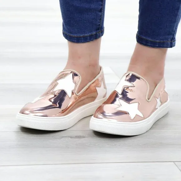 Rose Gold With White Stars Patent Sneakers Shoes - Picture 12 of 14